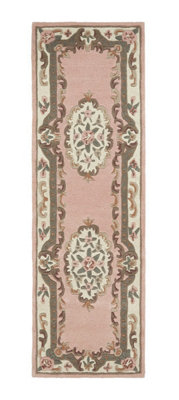Pink Traditional Wool Rug, 25mm Thickness Floral Handmade Rug, Pink Rug for Living Room, & Dining Room-67cm X 210cm (Runner)