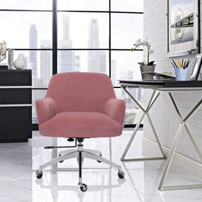 Pink Velvet Effect Swivel Office Chair Desk Chair with Armrest