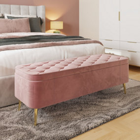 Pink Velvet Ottoman Storage Bench With Brass Style Legs