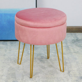 Pink Velvet Plush Round 38x45cms Storage Side Stool Box Ottoman Gold Metallic Legs