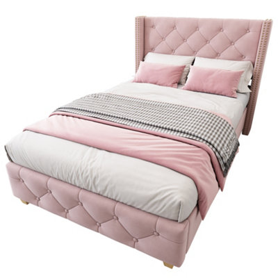 Pink Velvet Single Bed(3ft,90x190cm)with Slatted Frame,Headboard,and ...
