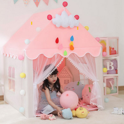 Pink White Children's Tent Princess Game Teepee House Castle Baby Bed Artifact with Colorful Lights