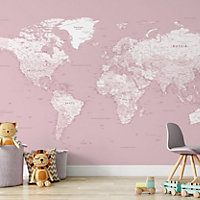 Pink World Map Wallpaper Mural - Peel & Stick Wallpaper - Size Medium (400 x 250 cm)