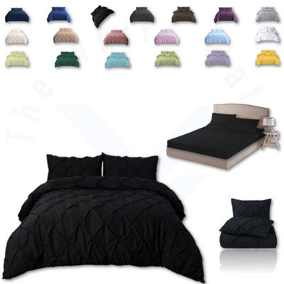 PINTUCK DUVET COVER set + Matching Pillowcases and Bedsheet - 3in1 Hand Stitches Quilt Bedding Set - Black