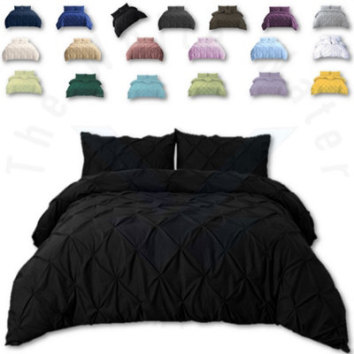 PINTUCK DUVET COVER set + Matching Pillowcases, Hand Stitches Quilt Bedding Set - Black