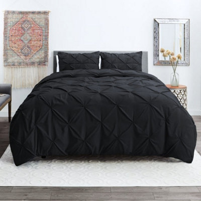 PINTUCK DUVET COVER set + Matching Pillowcases, Hand Stitches Quilt Bedding Set - Black