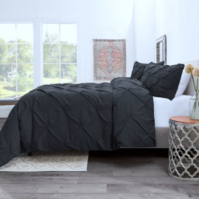 PINTUCK DUVET COVER set + Matching Pillowcases, Hand Stitches Quilt Bedding Set - Black