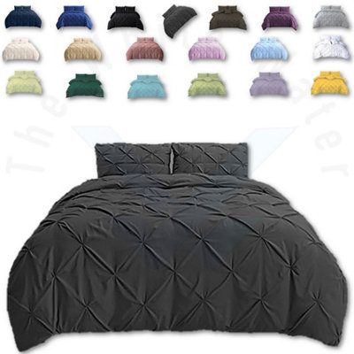 PINTUCK DUVET COVER set + Matching Pillowcases, Hand Stitches Quilt Bedding Set - Charcoal