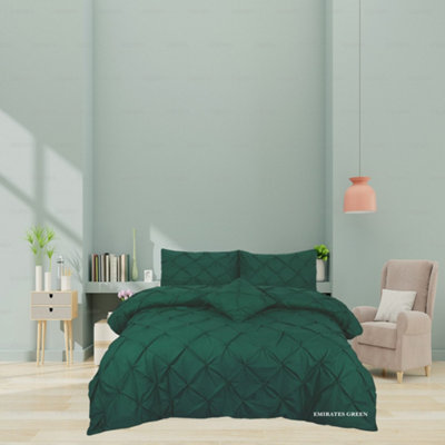 PINTUCK DUVET COVER set + Matching Pillowcases, Hand Stitches Quilt Bedding Set - Emirates Green