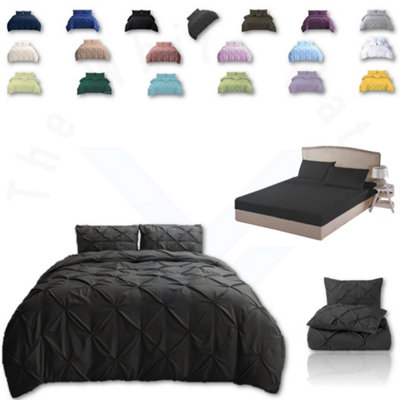 PINTUCK DUVET COVER set + Matching Pillowcases with Bedsheet - 3in1 Hotel Style Bedding Set - Charcoal
