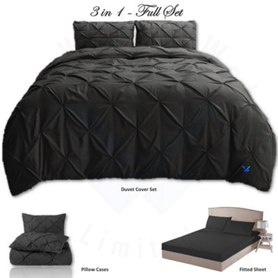 PINTUCK DUVET COVER set + Matching Pillowcases with Bedsheet - 3in1 Hotel Style Bedding Set - Charcoal