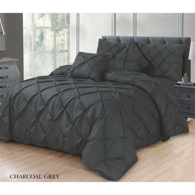 PINTUCK DUVET COVER set + Matching Pillowcases with Bedsheet - 3in1 Hotel Style Bedding Set - Charcoal