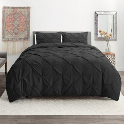 PINTUCK DUVET COVER set + Matching Pillowcases with Bedsheet - 3in1 Hotel Style Bedding Set - Charcoal
