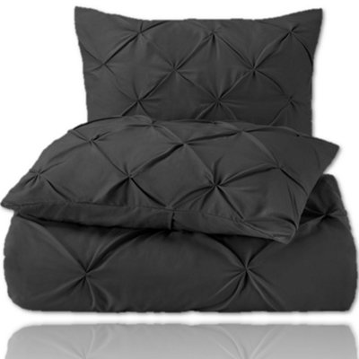 PINTUCK DUVET COVER set + Matching Pillowcases with Bedsheet - 3in1 Hotel Style Bedding Set - Charcoal