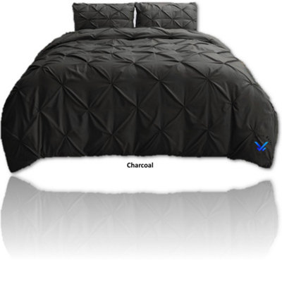 PINTUCK DUVET COVER set + Matching Pillowcases with Bedsheet - 3in1 Hotel Style Bedding Set - Charcoal