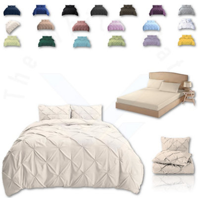 PINTUCK DUVET COVER set + Matching Pillowcases with Bedsheet - 3in1 Hotel Style Bedding Set - Cream