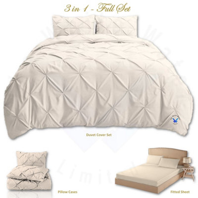 PINTUCK DUVET COVER set + Matching Pillowcases with Bedsheet - 3in1 Hotel Style Bedding Set - Cream