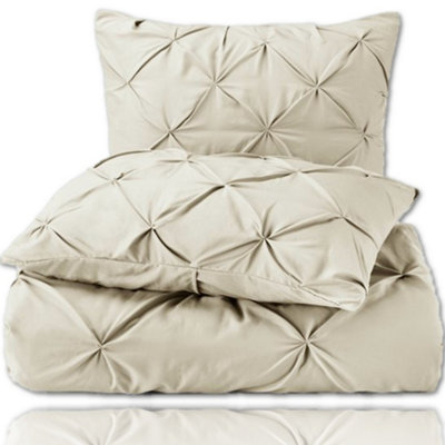 PINTUCK DUVET COVER set + Matching Pillowcases with Bedsheet - 3in1 Hotel Style Bedding Set - Cream