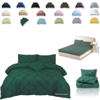 PINTUCK DUVET COVER set + Matching Pillowcases with Bedsheet - 3in1 Hotel Style Bedding Set - Emirates Green