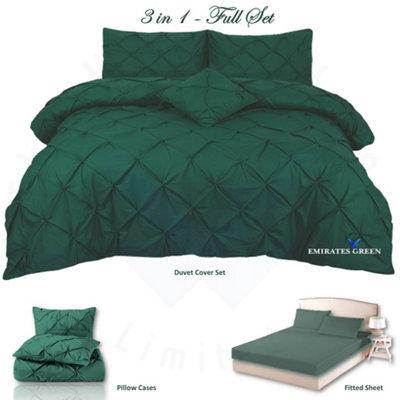 PINTUCK DUVET COVER set + Matching Pillowcases with Bedsheet - 3in1 Hotel Style Bedding Set - Emirates Green
