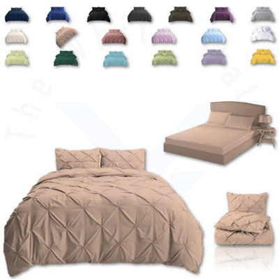 PINTUCK DUVET COVER set + Matching Pillowcases with Bedsheet - 3in1 Hotel Style Bedding Set - Latte Beige