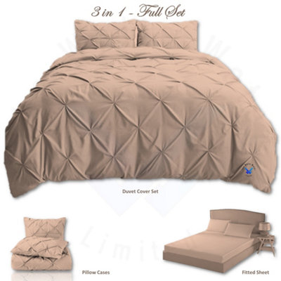 PINTUCK DUVET COVER set + Matching Pillowcases with Bedsheet - 3in1 Hotel Style Bedding Set - Latte Beige