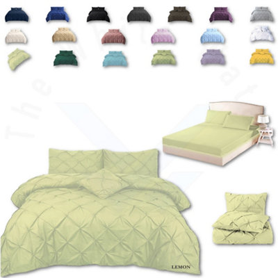 PINTUCK DUVET COVER set + Matching Pillowcases with Bedsheet - 3in1 Hotel Style Bedding Set - Lemon Green