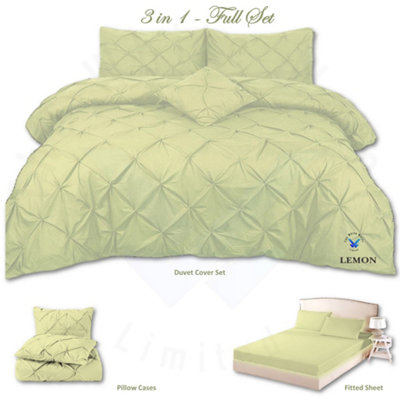 PINTUCK DUVET COVER set + Matching Pillowcases with Bedsheet - 3in1 Hotel Style Bedding Set - Lemon Green
