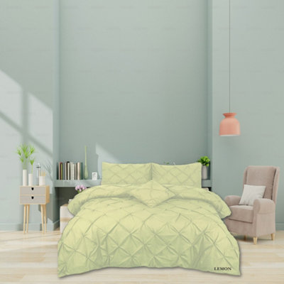 PINTUCK DUVET COVER set + Matching Pillowcases with Bedsheet - 3in1 Hotel Style Bedding Set - Lemon Green