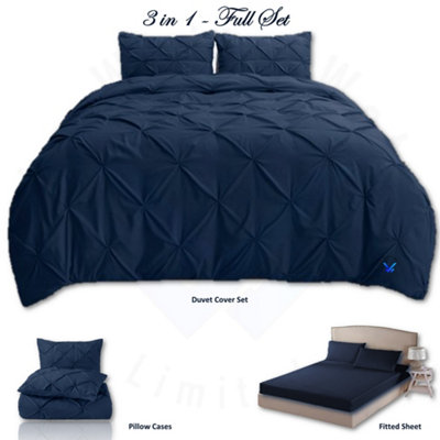 PINTUCK DUVET COVER set + Matching Pillowcases with Bedsheet - 3in1 Hotel Style Bedding Set - Navy Blue
