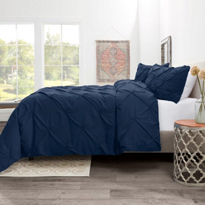 PINTUCK DUVET COVER set + Matching Pillowcases with Bedsheet - 3in1 Hotel Style Bedding Set - Navy Blue