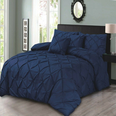 PINTUCK DUVET COVER set + Matching Pillowcases with Bedsheet - 3in1 Hotel Style Bedding Set - Navy Blue