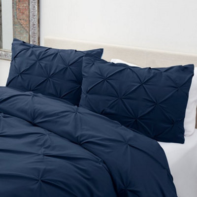 PINTUCK DUVET COVER set + Matching Pillowcases with Bedsheet - 3in1 Hotel Style Bedding Set - Navy Blue