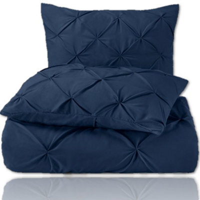 PINTUCK DUVET COVER set + Matching Pillowcases with Bedsheet - 3in1 Hotel Style Bedding Set - Navy Blue