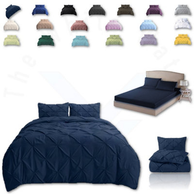 PINTUCK DUVET COVER set + Matching Pillowcases with Bedsheet - 3in1 Hotel Style Bedding Set - Navy Blue