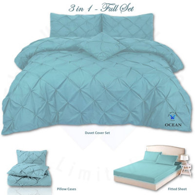 PINTUCK DUVET COVER set + Matching Pillowcases with Bedsheet - 3in1 Hotel Style Bedding Set - Ocean Blue