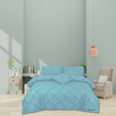 PINTUCK DUVET COVER set + Matching Pillowcases with Bedsheet - 3in1 Hotel Style Bedding Set - Ocean Blue