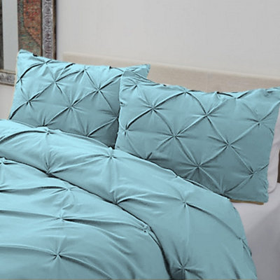 PINTUCK DUVET COVER set + Matching Pillowcases with Bedsheet - 3in1 Hotel Style Bedding Set - Ocean Blue