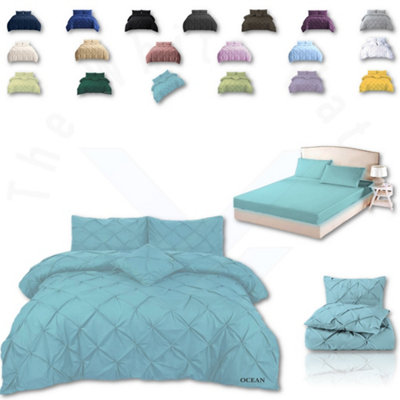PINTUCK DUVET COVER set + Matching Pillowcases with Bedsheet - 3in1 Hotel Style Bedding Set - Ocean Blue