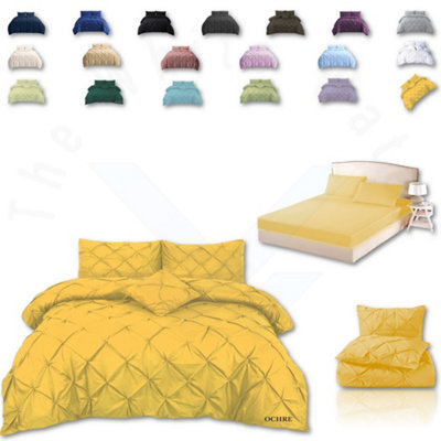 PINTUCK DUVET COVER set + Matching Pillowcases with Bedsheet - 3in1 Hotel Style Bedding Set - Ochre Yellow
