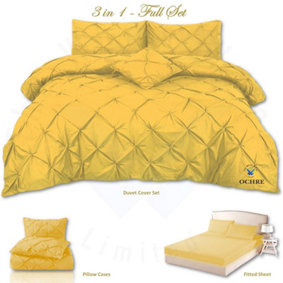 PINTUCK DUVET COVER set + Matching Pillowcases with Bedsheet - 3in1 Hotel Style Bedding Set - Ochre Yellow