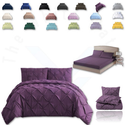 PINTUCK DUVET COVER set + Matching Pillowcases with Bedsheet - 3in1 Hotel Style Bedding Set - Purple Plump