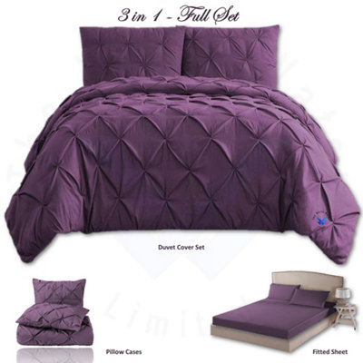 PINTUCK DUVET COVER set + Matching Pillowcases with Bedsheet - 3in1 Hotel Style Bedding Set - Purple Plump