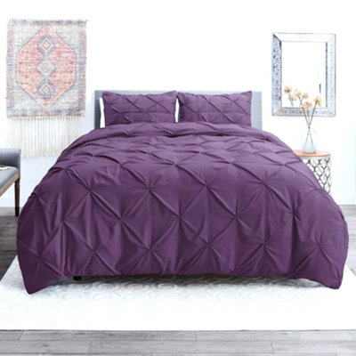 PINTUCK DUVET COVER set + Matching Pillowcases with Bedsheet - 3in1 Hotel Style Bedding Set - Purple Plump