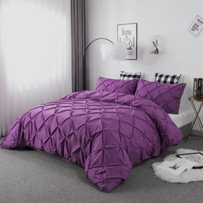 PINTUCK DUVET COVER set + Matching Pillowcases with Bedsheet - 3in1 Hotel Style Bedding Set - Purple Plump