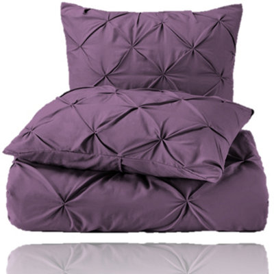 PINTUCK DUVET COVER set + Matching Pillowcases with Bedsheet - 3in1 Hotel Style Bedding Set - Purple Plump