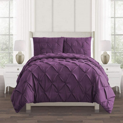 PINTUCK DUVET COVER set + Matching Pillowcases with Bedsheet - 3in1 Hotel Style Bedding Set - Purple Plump