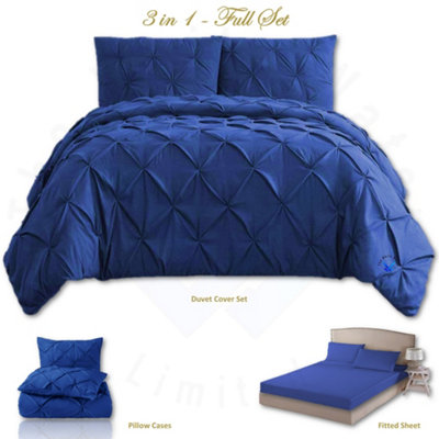 PINTUCK DUVET COVER set + Matching Pillowcases with Bedsheet - 3in1 Hotel Style Bedding Set - Royal Blue