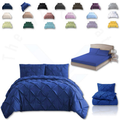 PINTUCK DUVET COVER set + Matching Pillowcases with Bedsheet - 3in1 Hotel Style Bedding Set - Royal Blue