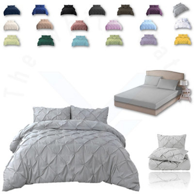 PINTUCK DUVET COVER set + Matching Pillowcases with Bedsheet - 3in1 Hotel Style Bedding Set - Silver Grey
